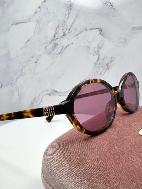 New MIU MIU Sunglasses Brown Tortoise Round Acetate Gold Metal Logo Authentic main image 10